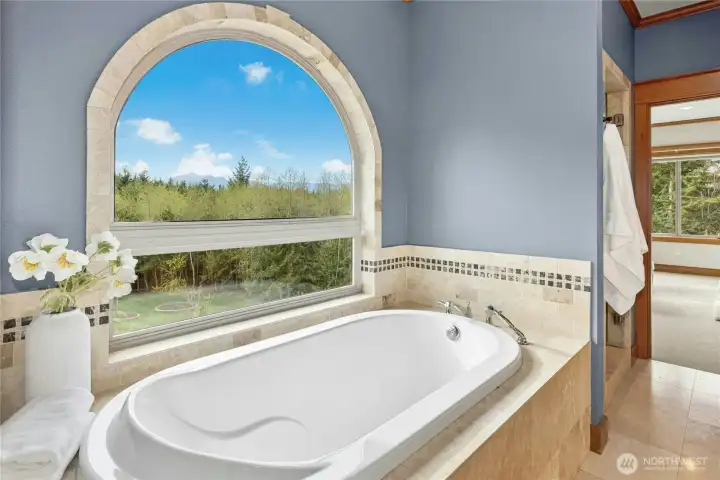 Look out over your acreage to the Olympic Mountains from the soaking tub.