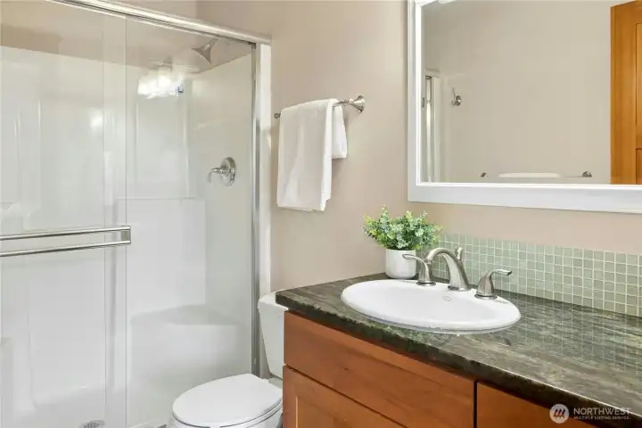 Part of the first lower level bedroom, this en suite bathroom with shower is perfect for longterm guests or as a compliment to an exercise room.