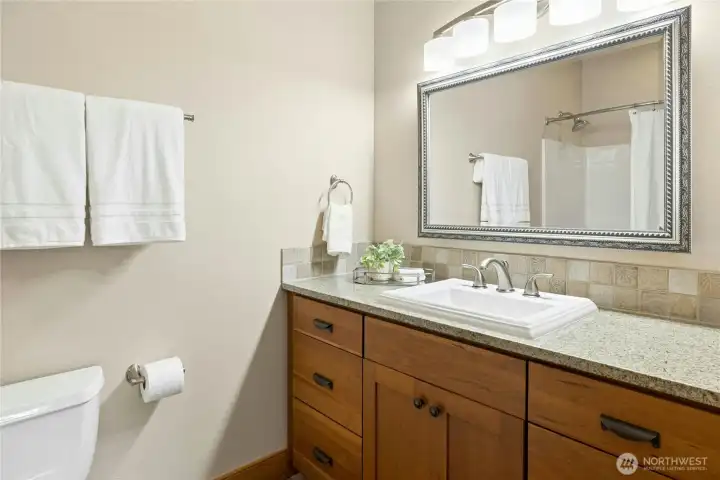 The additional lower level bathroom is perfect for guests or coming in from a soak in the hot tub.