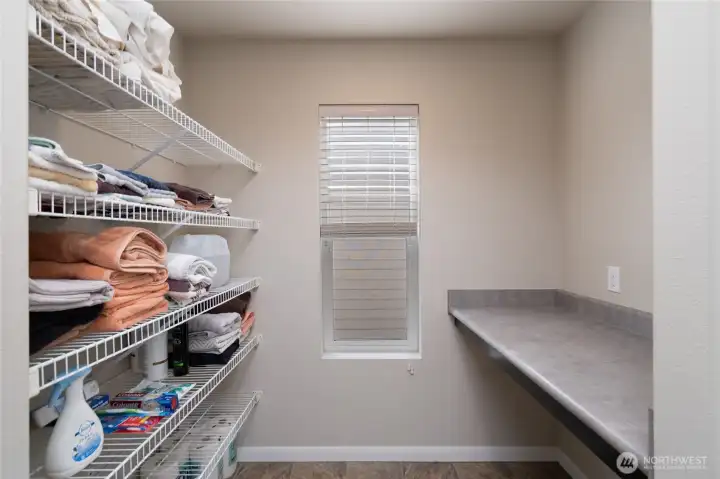 Built in folding table in laundry room, plenty of storage