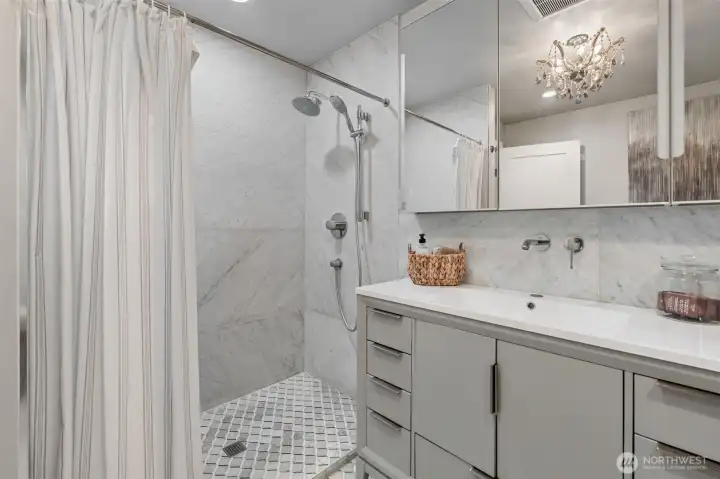 Main bathroom's walk-in shower. All hand laid tile.