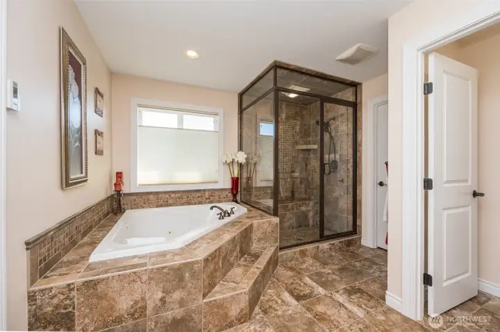 Enjoy this retreat - jacuzzi soaking tub, or steam shower with dual shower heads and bench Enjoy this retreat - jacuzzi soaking tub, or steam shower with dual shower heads and bench