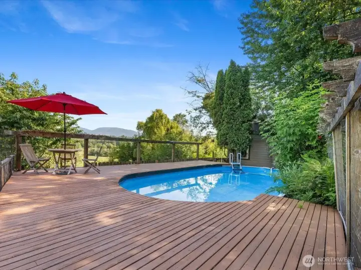 Above-Ground Pool with gorgeous views. Great for hot summers. Outbuilding with power adjacent to pool.