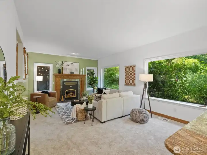 Spacious family room with territorial and courtyard views