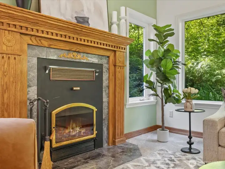 Cozy up on your large beautiful wood fireplace