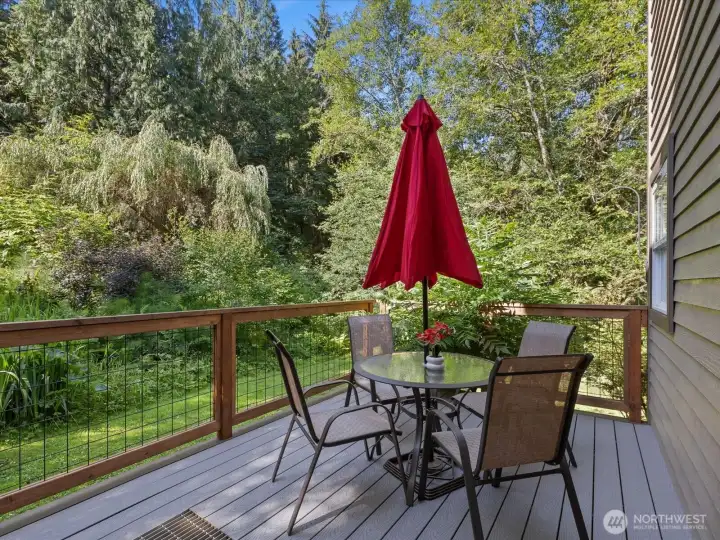 Backyard Trex deck with territorial views and stream