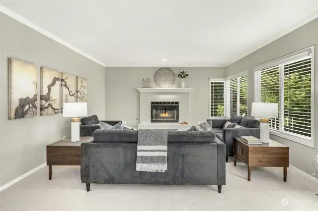 Family room off kitchen is warm and inviting with gas fireplace and lots of windows.