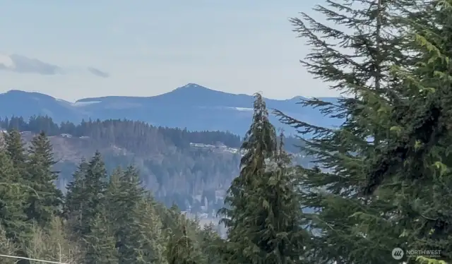 Actual view (looking slightly south, mostly east). Just about 15% of the view shown in this photo. Mt Rainier, Cascade Mountain Range, and valley views are beautiful from main level and spectacular from upper level.