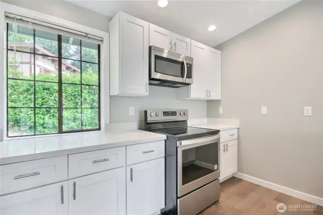 All appliances stay including newer overhead microwave the DOES vent outside (just as it should).