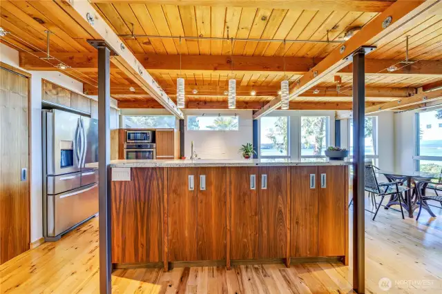 Kitchen built ins are double sided for easy access to storage.