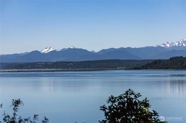 The view of the Hood Canal Bridge with the Olympics in the back ground.