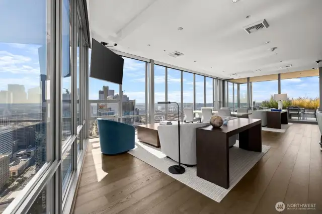 There is a kitchen, dining table, and sofas for your use.