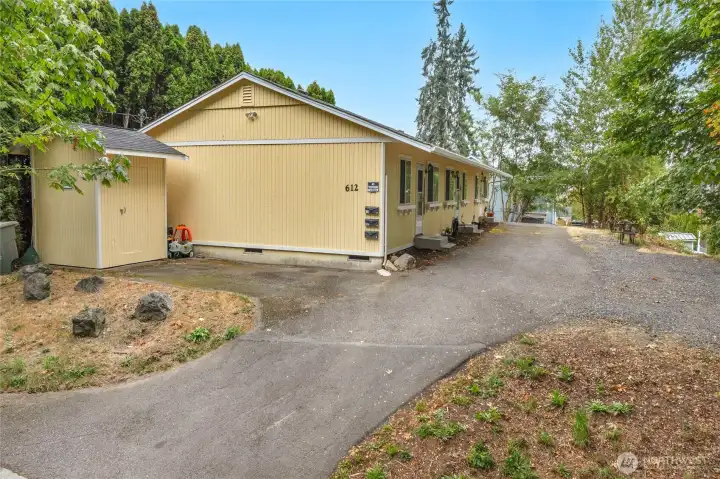 Entry point with one of the storage sheds on far left