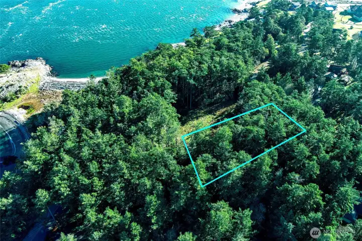 Aerial perspective highlighting the wooded setting and level terrain of this San Juan Island vacant lot, located within the Cape San Juan community.