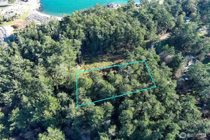 Elevated drone view showing the lot boundaries and proximity to the shoreline, illustrating the peaceful coastal setting of this Cape San Juan homesite.