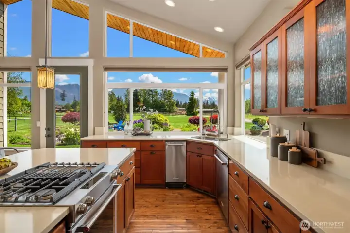 Almost all kitchen appliances are KitchenAid. See the propane range to the left and trash compactor straight ahead.