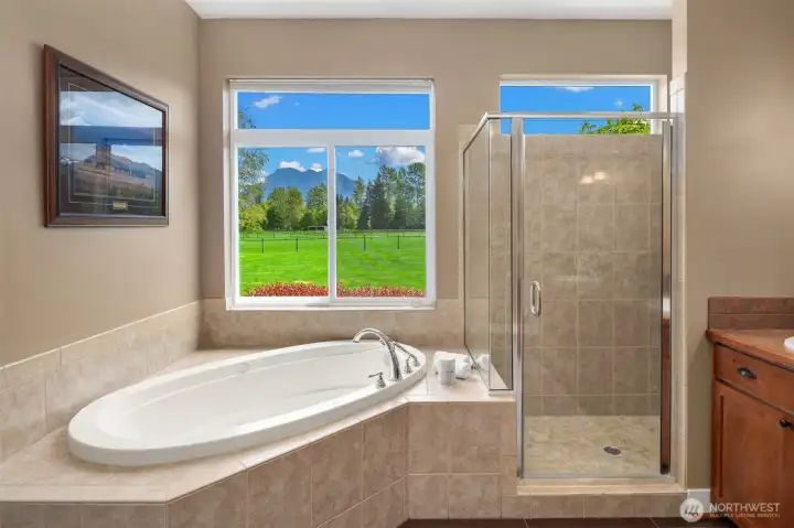 Primary bathroom also has jetted tub and shower.