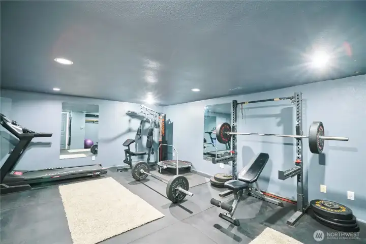 The workout room is in the daylight basement and stays cool in the hot summer months. The workout room is in the daylight basement and stays cool in the hot summer months.
