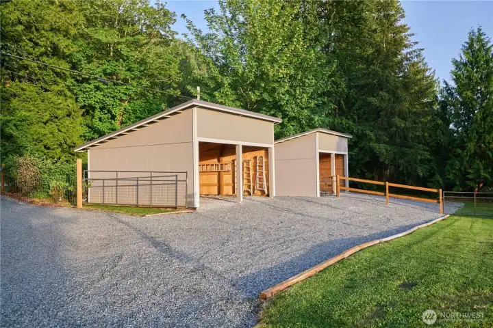 Both the outbuilding were built with the same roof line so they could be combined one day seamlessly. Buyer to verify conforming uses. Farthest shop has 2 stalls and is connected to approximately .25 acre paddock. It has a concrete trough that is naturally fed and seems to always be full year round. Both the outbuilding were built with the same roof line so they could be combined one day seamlessly. Buyer to verify conforming uses. Farthest shop has 2 stalls and is connected to approximately .25 acre paddock. It has a concrete trough that is naturally fed and seems to always be full year round.