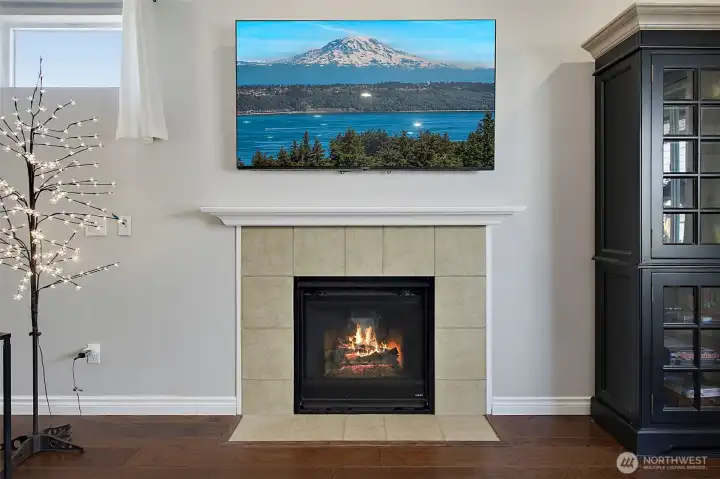 Cozy living room featuring a gas fireplace, abundant natural light, and comfortable gathering space.