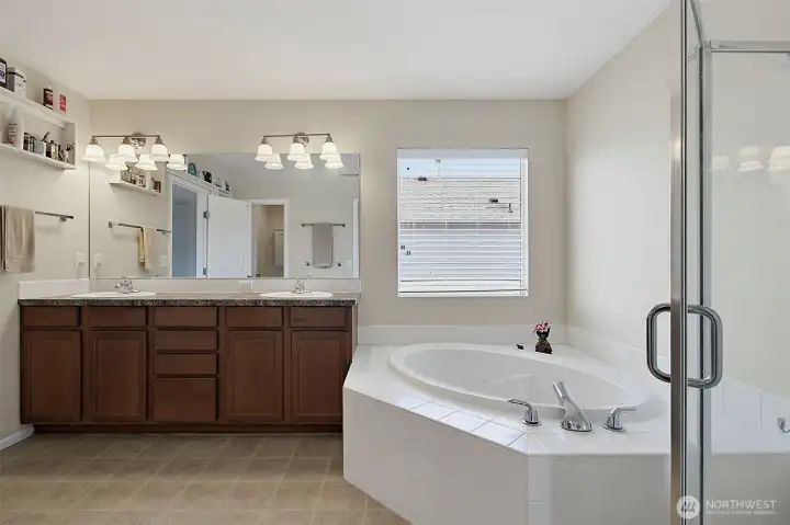 Spacious primary bath featuring dual-sink vanity, soaking tub, separate shower, and the comfort of a private en-suite retreat.