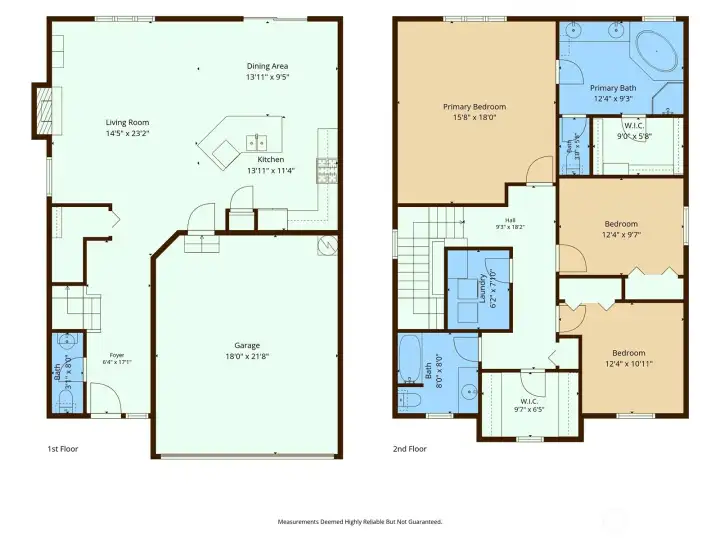 Two-story floor plan with open main-level living, dining, and kitchen spaces, plus an upstairs primary suite, two additional bedrooms, laundry, and attached garage.