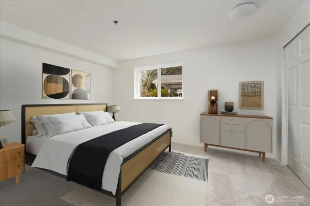 Bedroom with new carpet and freshly painted. Virtually staged.