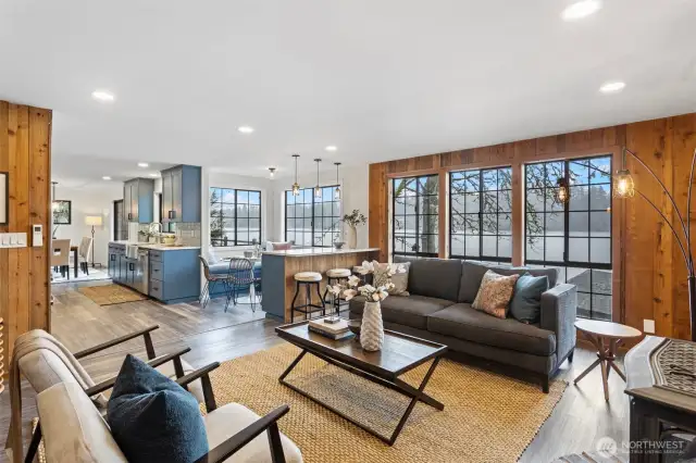 Kitchen and living room.  Bright and airy.