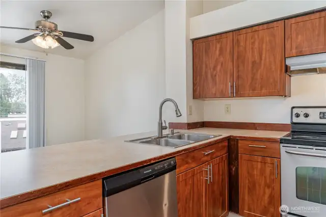 The kitchen sink conveniently located, overlooking the dining room; another plus for entertaining.