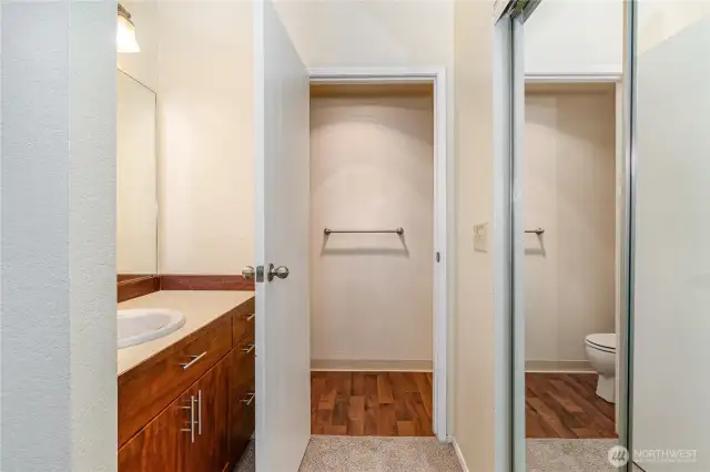 Updated vanity offers an abundance of storage and is separated from the water closet where you'll find the walk-in shower.
