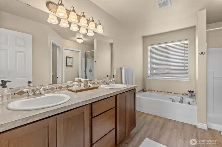 Primary 5 piece bath with dual sinks