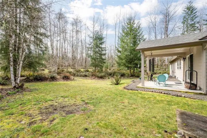 Covered patio for shade or drizzle.