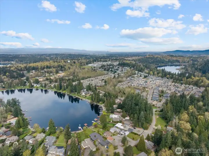 It's a vibrant community nestled between two beautiful lakes (Shady Lake at lower left & Lake Desire at upper right)