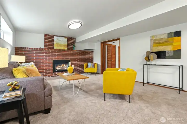 Gorgeous fireplace creates an even more welcoming space for all to gather