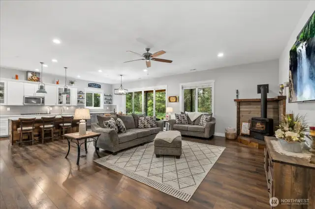 View as you walk into great room/ kitchen dream space.  Notice the EXTRA wide 12ft wide by 8 ft tall slider to back yard!