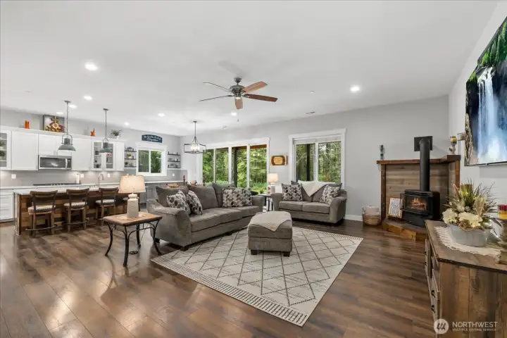View as you walk into great room/ kitchen dream space.  Notice the EXTRA wide 12ft wide by 8 ft tall slider to back yard!