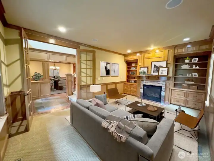 Den/office with gas fireplace