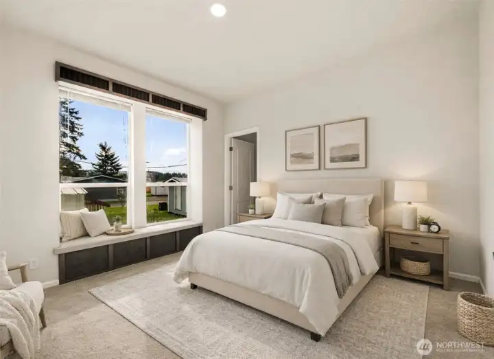 Light-filled 2nd bedroom offers a comfortable retreat with large windows w/seating and a flexible layout for guests or a home office. (photo virtually staged)