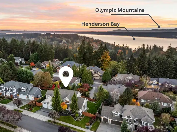 Aerial drone view of Horizon West gated community in North Gig Harbor highlighting the home’s location with proximity to Henderson Bay and scenic views of the Olympic Mountains—prime Gig Harbor real estate near Hwy 16, parks, and local amenities.