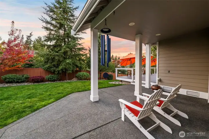 Covered patio in Horizon West home for sale in North Gig Harbor located just off the garage—ideal for grilling in the rain or year-round entertaining. Features a manicured backyard with room to play and a private, peaceful setting.