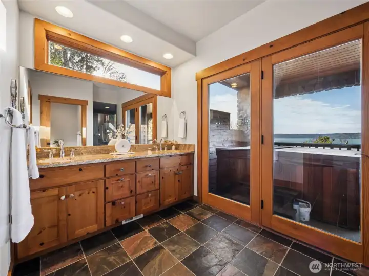 Transom windows bathe the bath in natural light