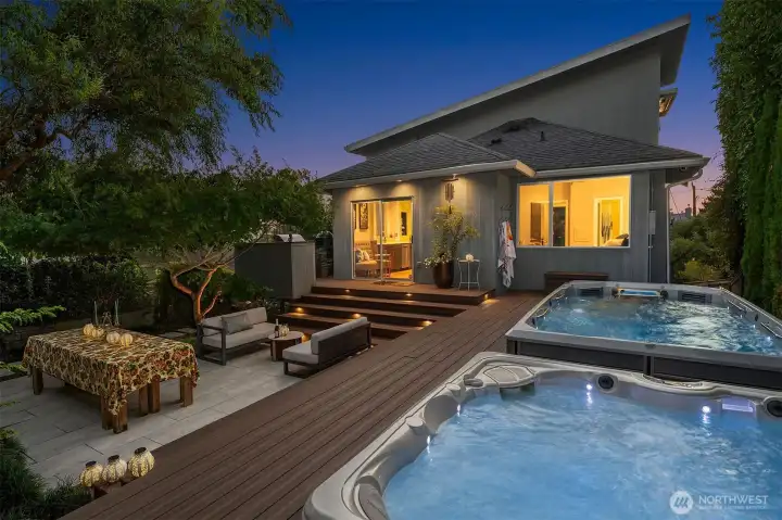 Endless swim for exercise and just floating. Saltwater hot tub for relaxing in your private back yard - a total oasis.