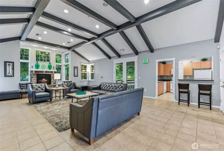 An attached kitchen in the gathering space provides convenient access for food preparation during events.