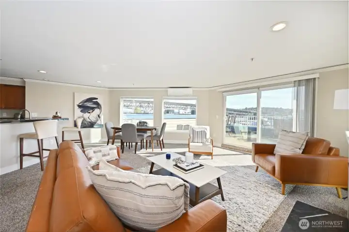 Open Great room with Living, dining, kitchen