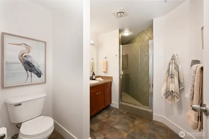 Tiled primary bathroom