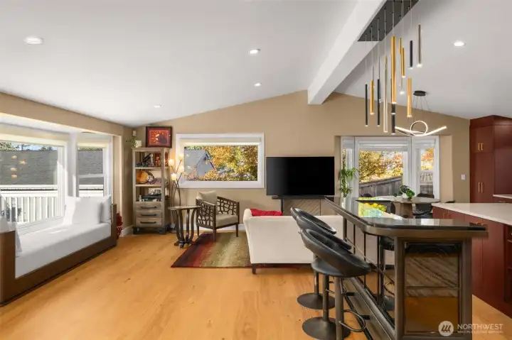 Spacious living room with a bay window.