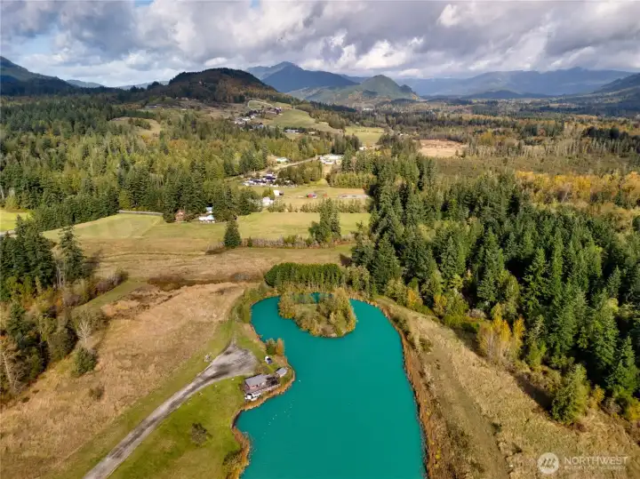 Ariel View of Lake and Gazebo, possibility to build your dream lake-front home, buyer to verify