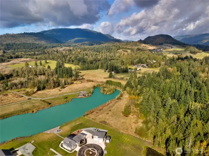Ariel View of 18269 Bow Lake Lane, gazebo, and gorgeous lake views