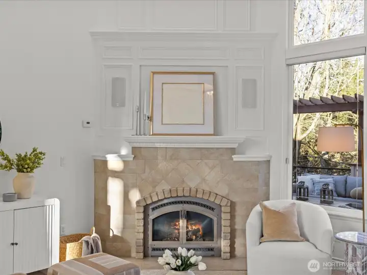 Lovely stone surround fireplace. TV can go above the fireplace. Built in speakers.