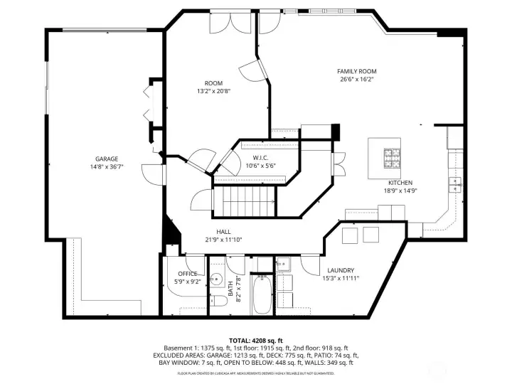 Apartment floor plan in the daylight basement. There is a separate outdoor entrance off of the Family Room area. Two car tandem garage with workbench with direct access to the apartment. Door at the bottom of the stairs does lock.